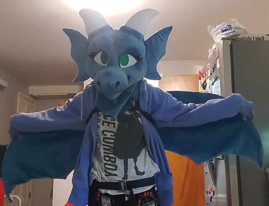A person wearing the Droghlin fursuit, showing off the wings they are wearing.