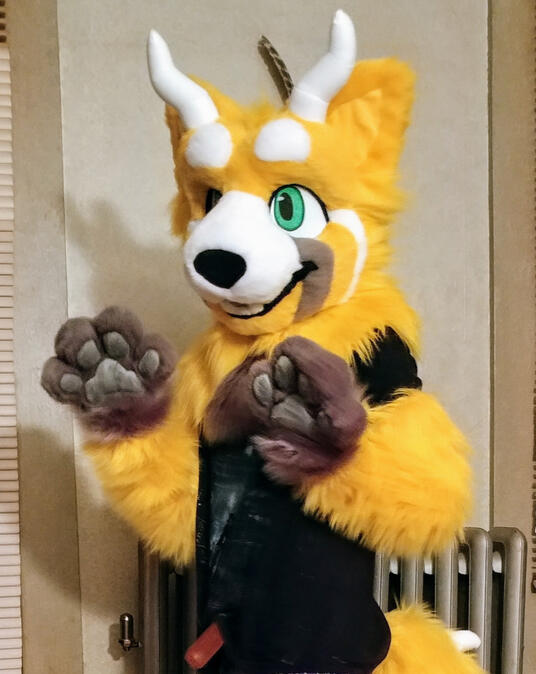 orphie2 A person wearing the suit of Orphie, a yellow-colored red panda, showing off his paws.