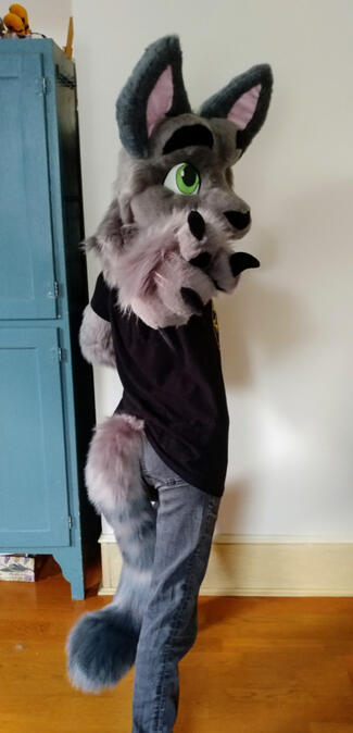 A person wearing the Jethro fursuit, they are pointing at the viewer with their body turned away.