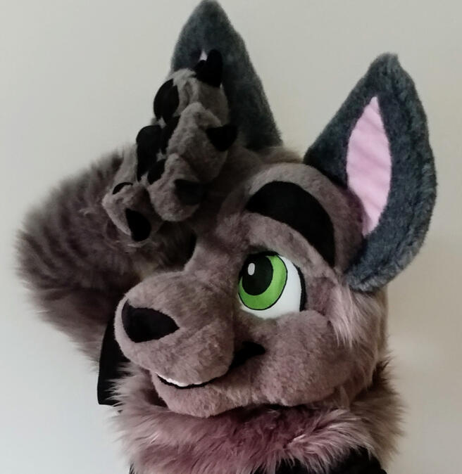 jethro2 A person wearing the Jethro fursuit, a grey cat. They have their paw held dramatically on their forehead.