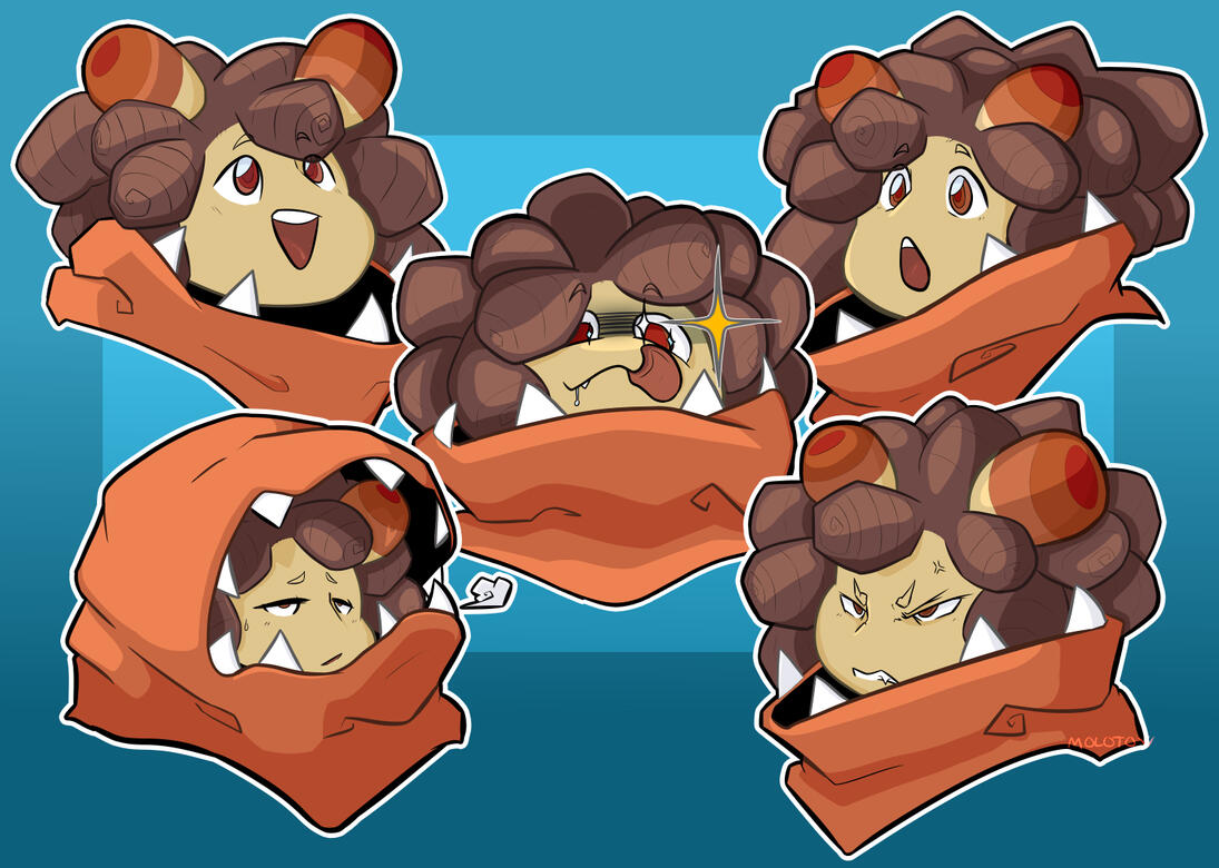Five headshots of a character wearing a toothy orange scarf/hood making different expressions in each headshot.