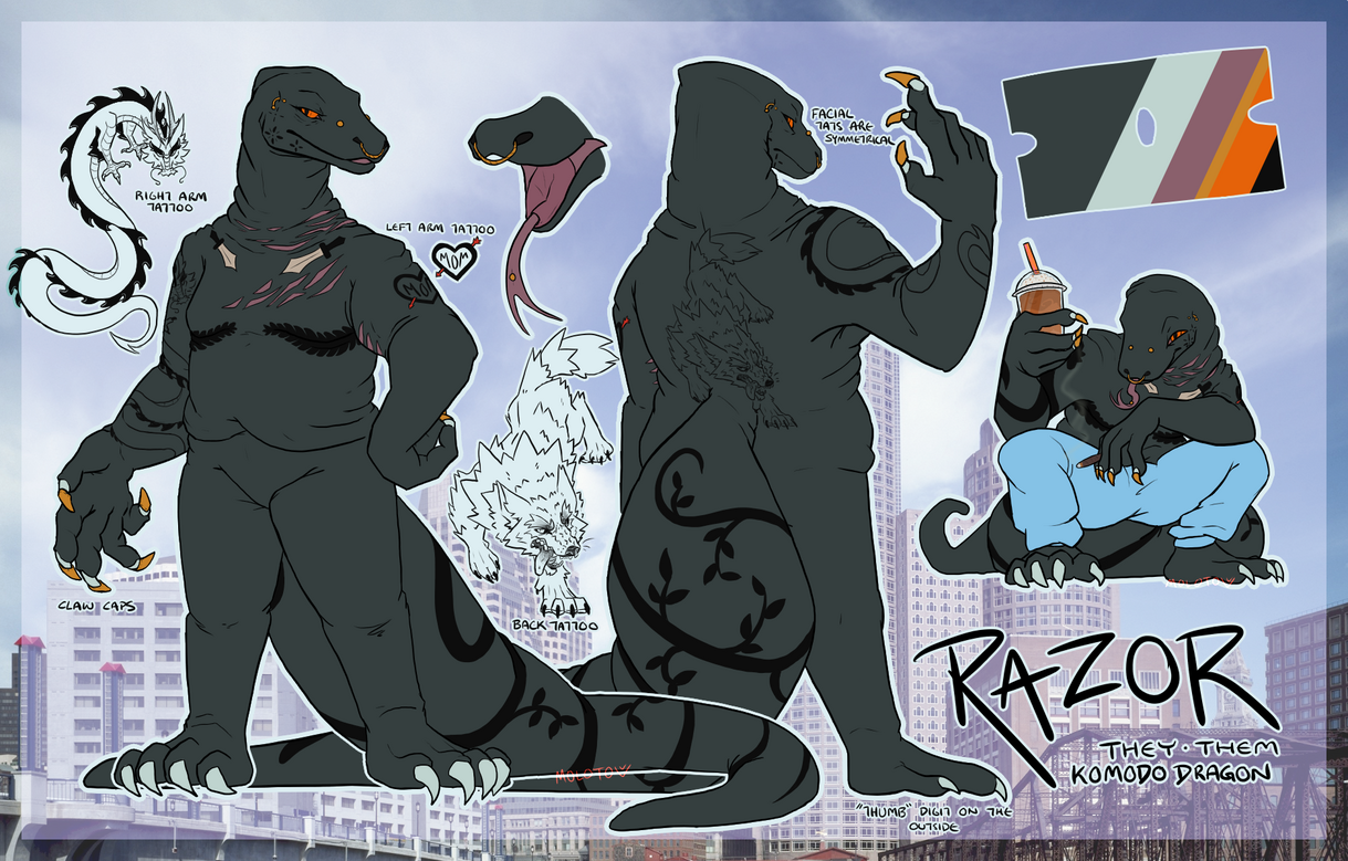 Razor ref A character reference sheet of Razor, a deep grey-blue anthro komodo dragon.