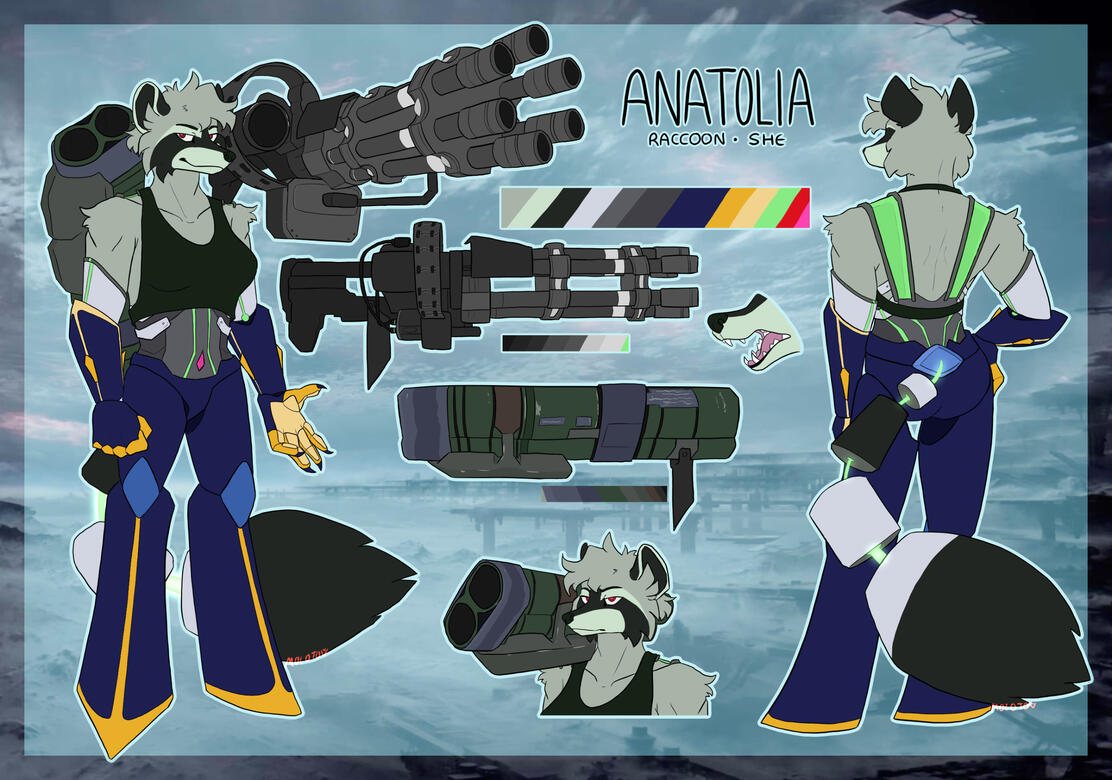 A character reference sheet of Anatolia, a half-cyborg anthro raccoon. She has two large firearms mounted to her shoulders.