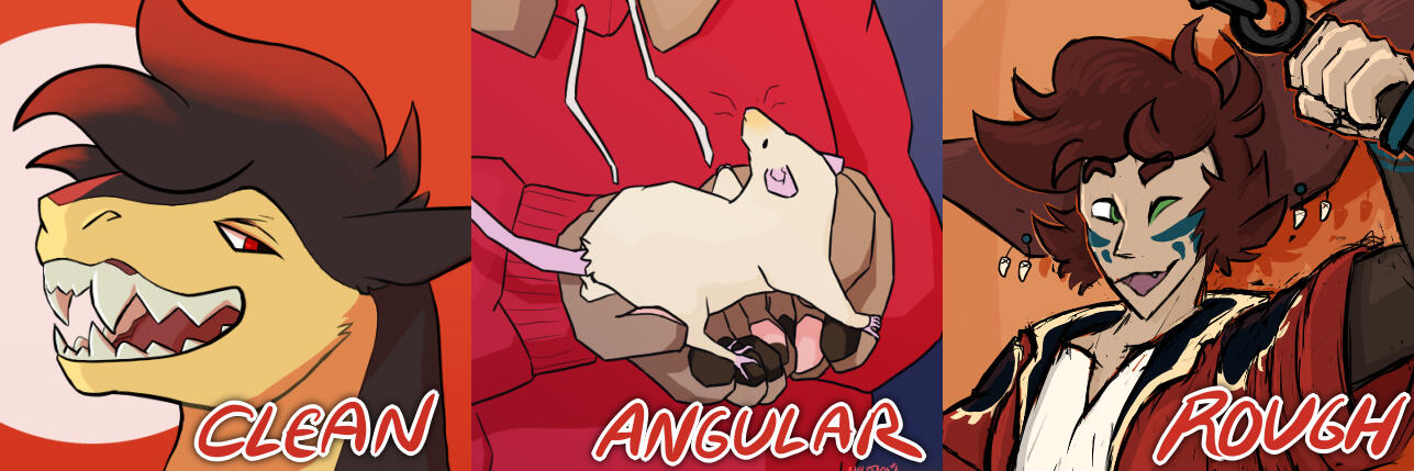 A three image collage showing the different types of lineart offered: clean, angular, and rough.