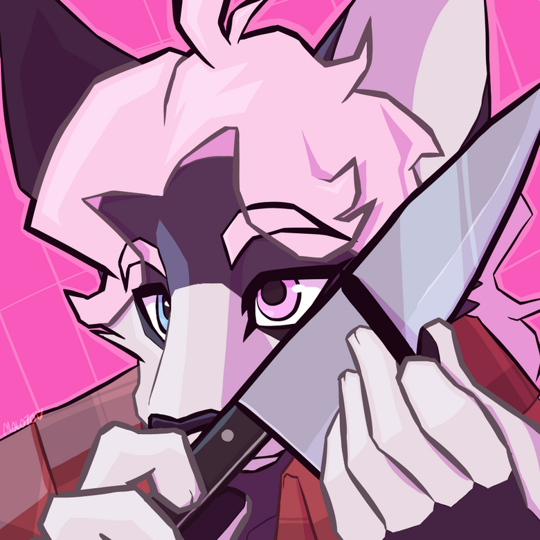Scully icon A drawing of an anthro purple cat with short pink hair using a large knife to help apply her eyeliner.