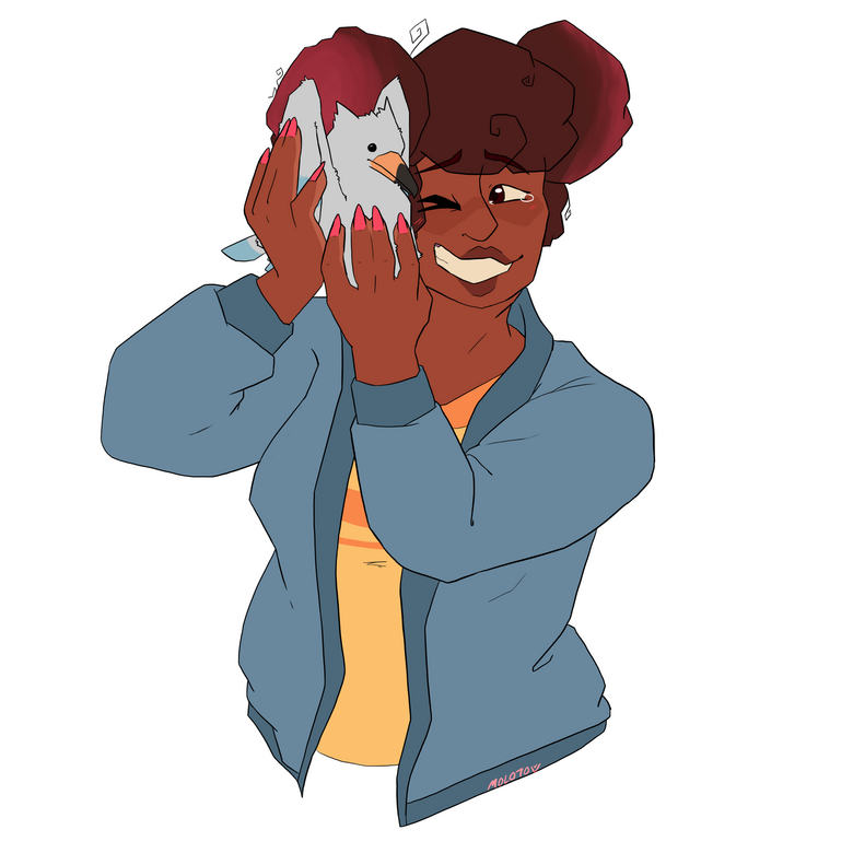 Andreas halfbody A drawing of Andreas, a young, dark-skinned man holding up a newly hatched wingull to his tearfully happy face.