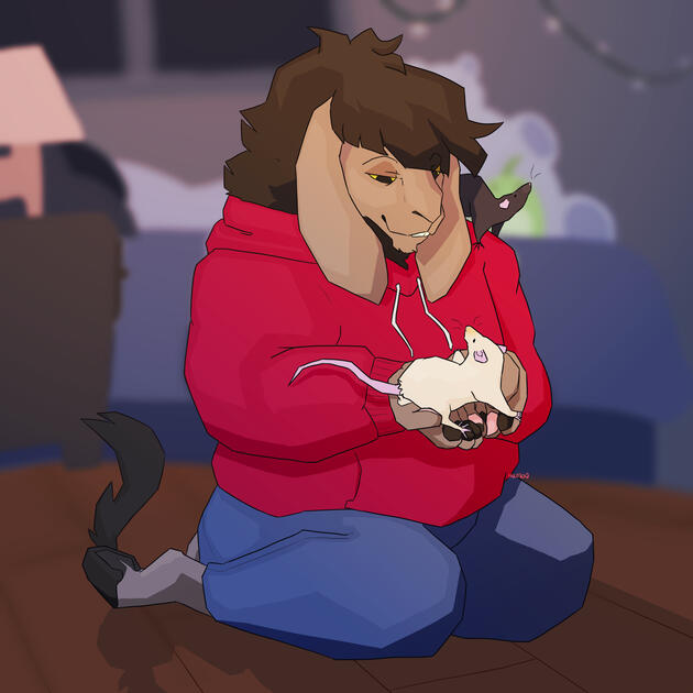 An illustration of Logan, a brown-furred humanoid creature sitting on the floor of his bedroom looking fondly at a light-colored rat in his hands. Another darker colored rat sits perched on his shoulder.