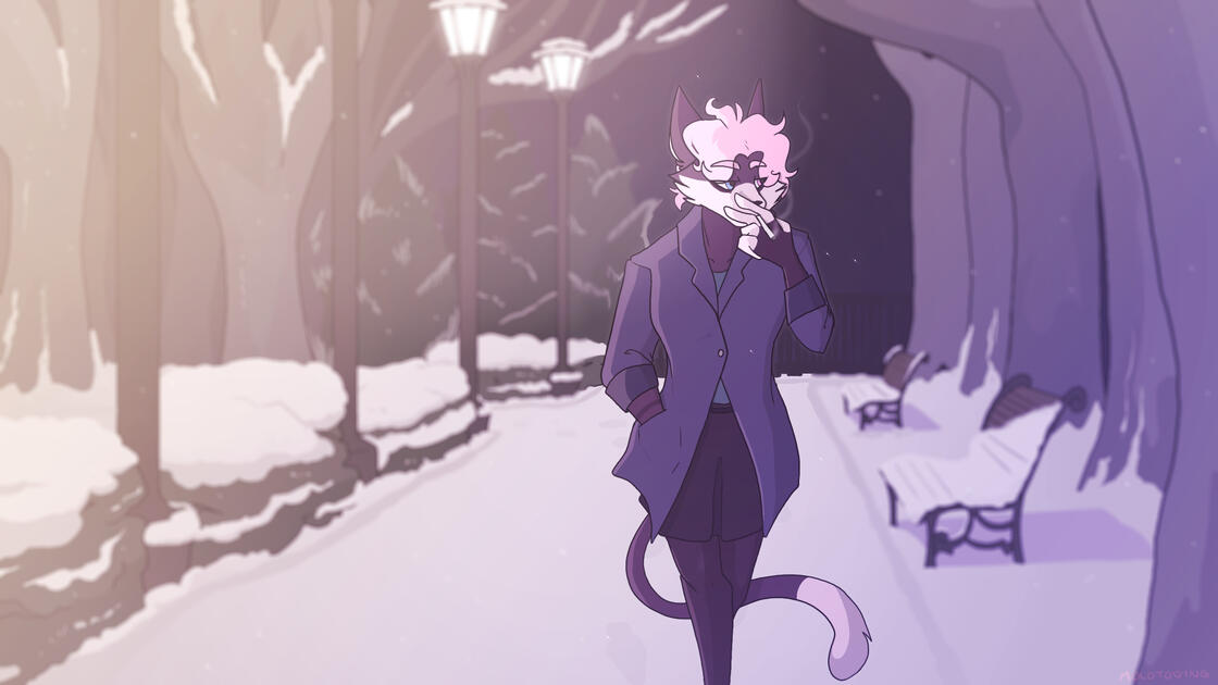 Scully scene An illustration of Scully, a purple cat with short pink hair walking through a snowy park, smoking a cigarette.