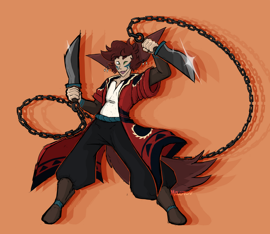 A drawing of Zane, a humanoid with animal ears and a tail, holding two short swords with the chain connecting the two raised behind him.