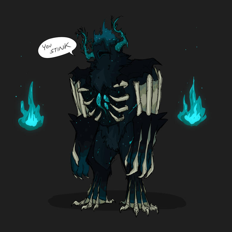 A drawing of the warden from Minecraft. The warden has a speech bubble that reads "you stink".