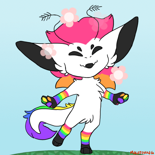 A looping animation of a white and rainbow colored dragon character looking joyful.