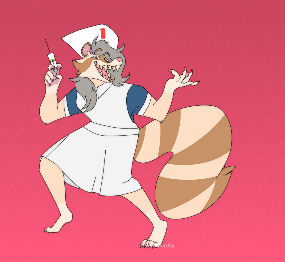 A looping animation of Nurse, an albino raccoon in a nurse's outfit. Their tail is thrashing, and one hand holds a syringe with a bright green liquid.