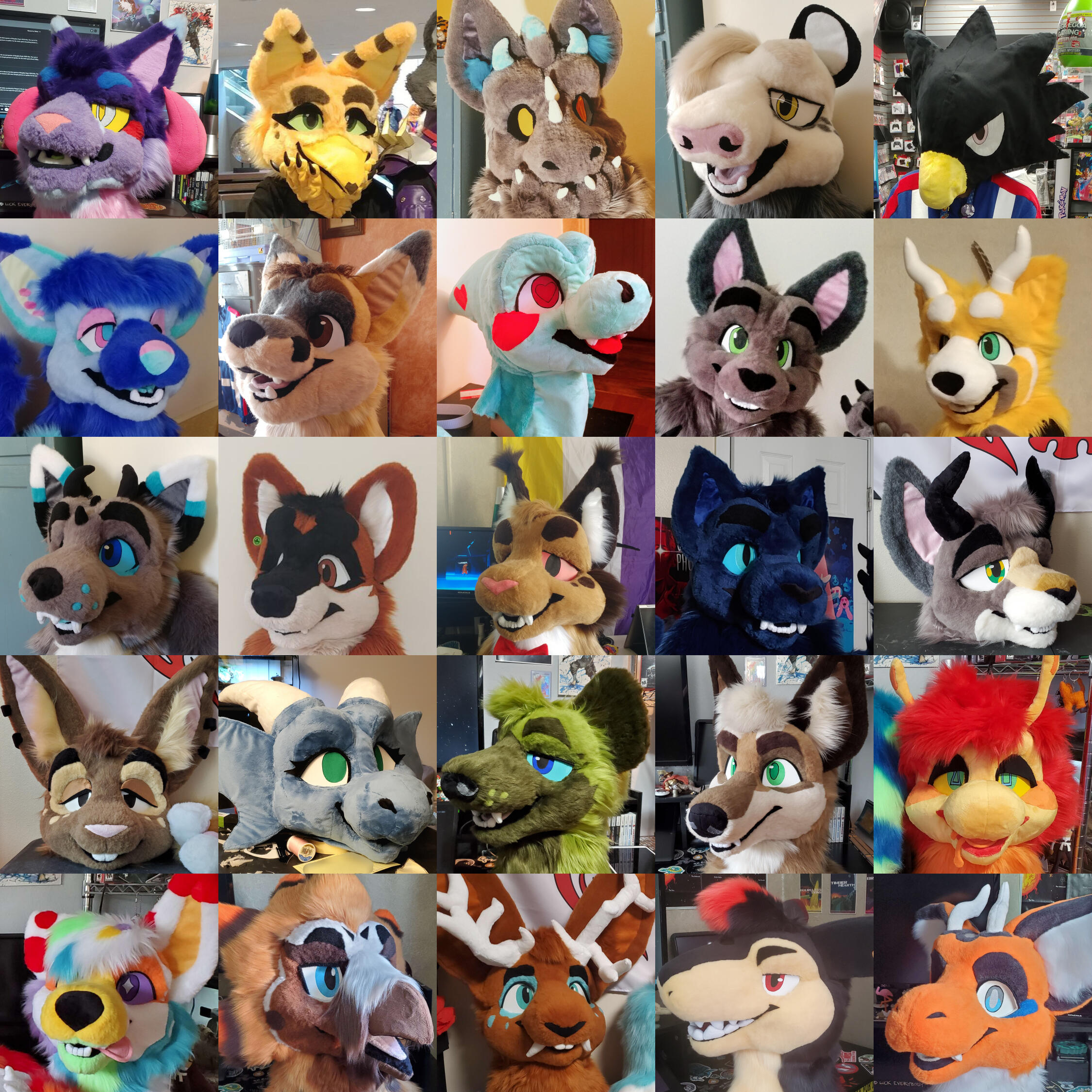 A grid style collage of 24 images of different fursuit heads.