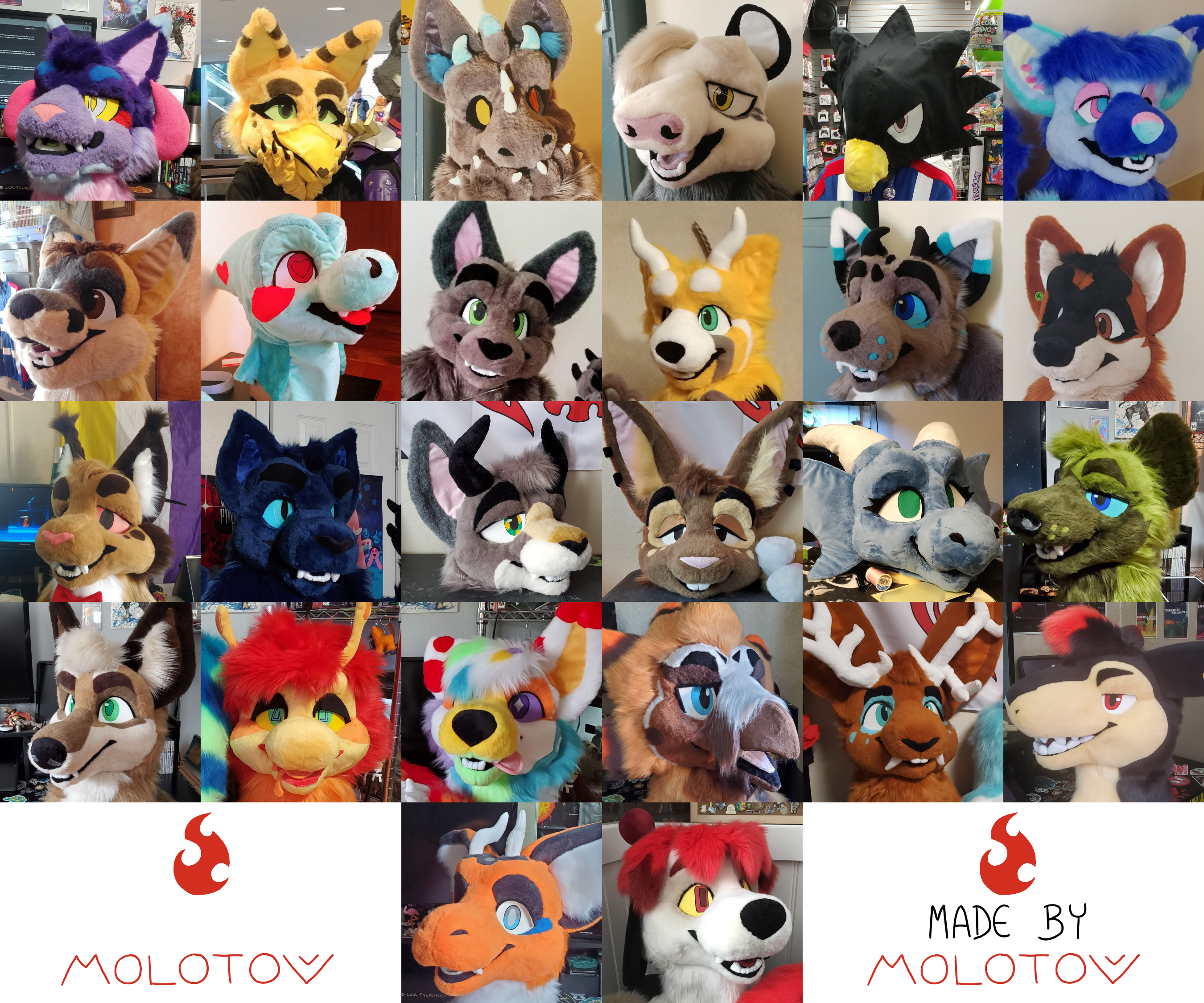 A grid style collage of 26 images of different fursuit heads.